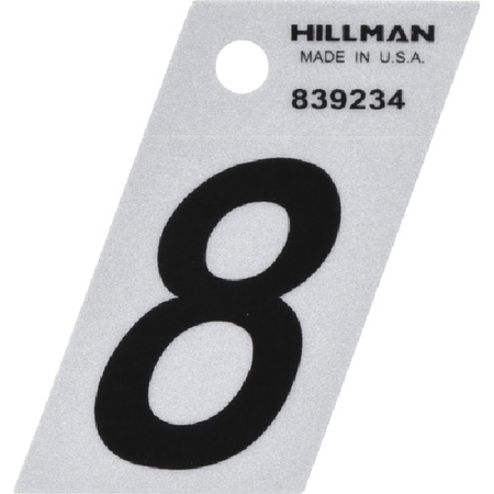 HILLMAN Angle-Cut Number, Character: 8, 1-1/2 in H Character, Black Character, Silver Background, Mylar 839234